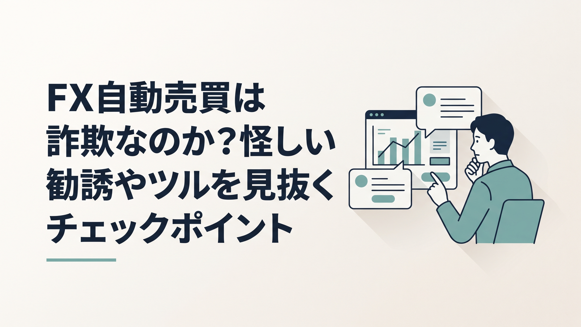 FX自動売買ツールの運用画面とSNSの投資勧誘メッセージを慎重に確認する人物