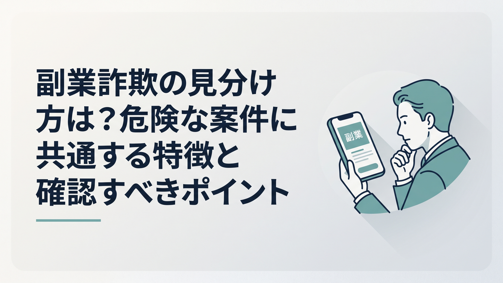 スマホに表示された副業広告を見ながら契約前に危険性を確認する30代会社員