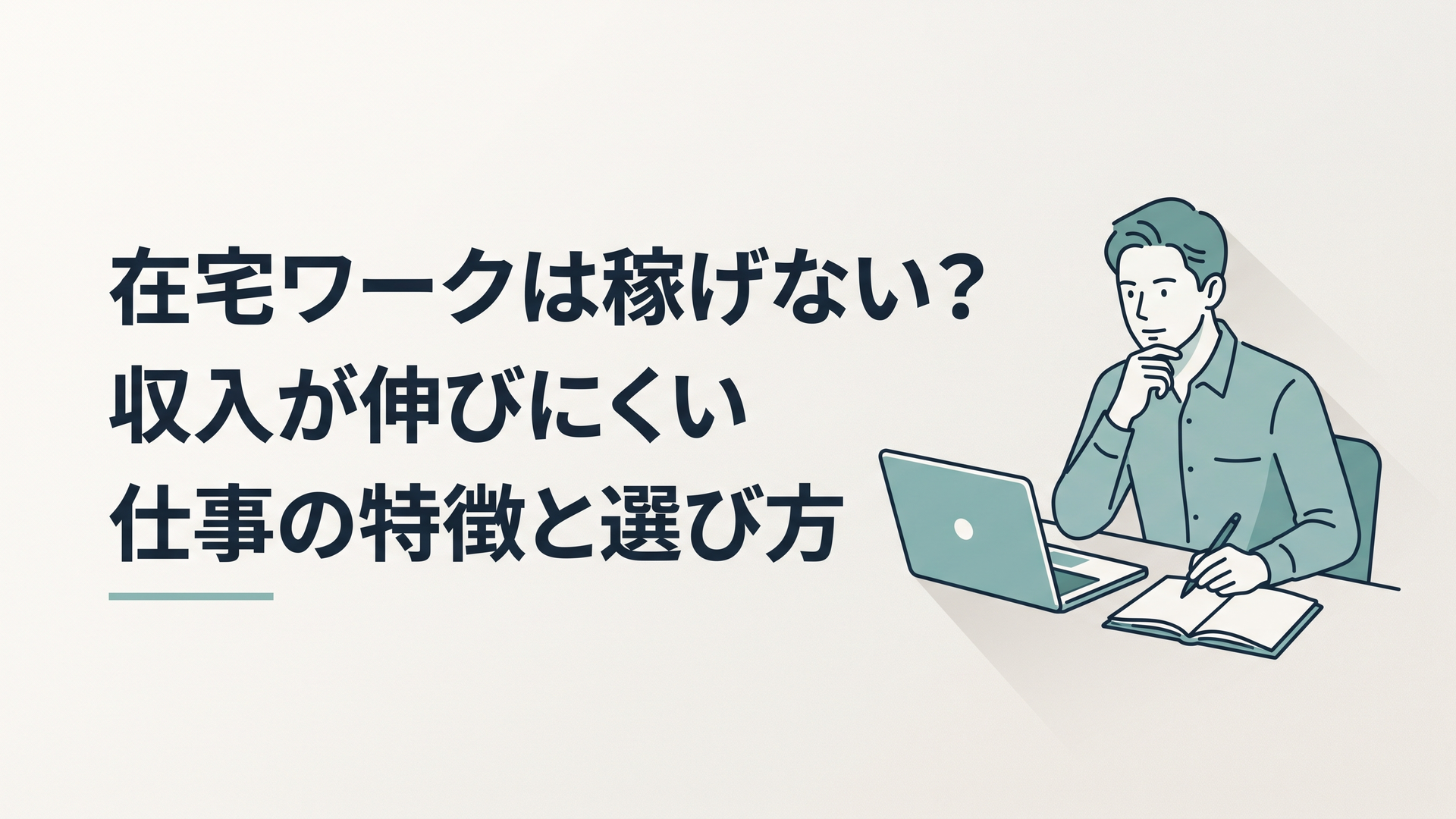 自宅の机でパソコンを前に在宅ワークの収入について悩みながらノートに働き方を書き出す30代男性