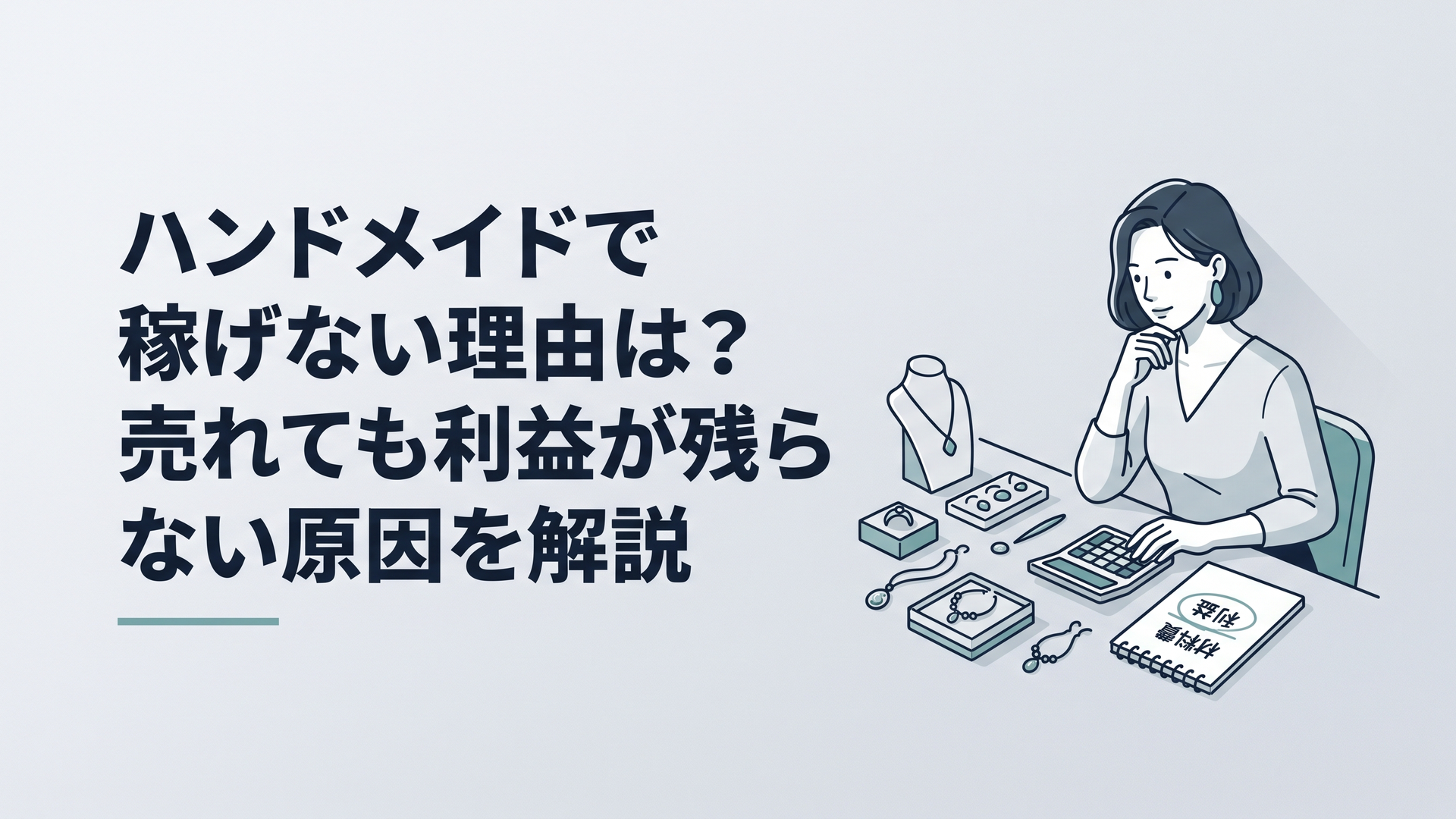 自宅の作業机でハンドメイド作品と電卓と材料費のメモを前に利益を見直している作家