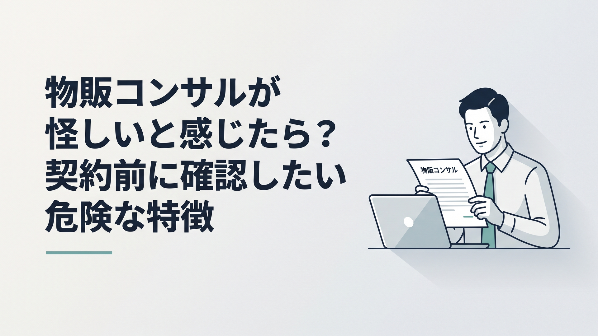 パソコンの前で物販コンサルの契約内容を慎重に確認する30代男性
