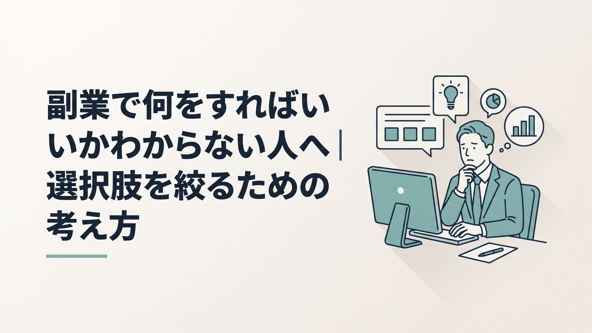 パソコンの前で複数の副業候補を見比べながら迷っている30代の会社員