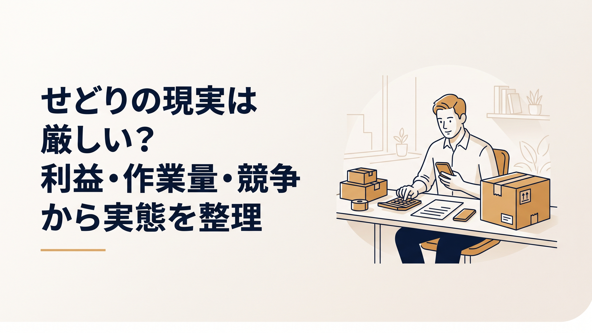 自宅の机に商品と梱包箱を置き、電卓とスマホでせどりの利益を計算する30代男性