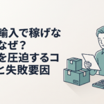 中国輸入の商品箱と電卓を前に仕入れ価格と利益を見直している30代の男性