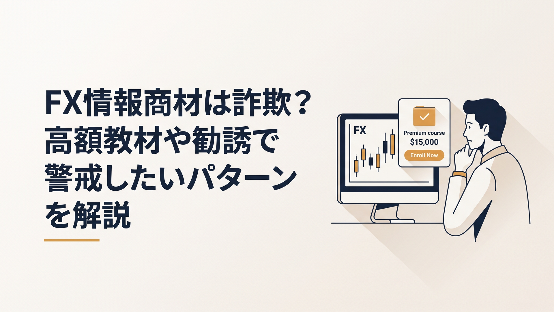 FXチャートが映るパソコンと高額教材の勧誘画面を前に契約を迷う人物