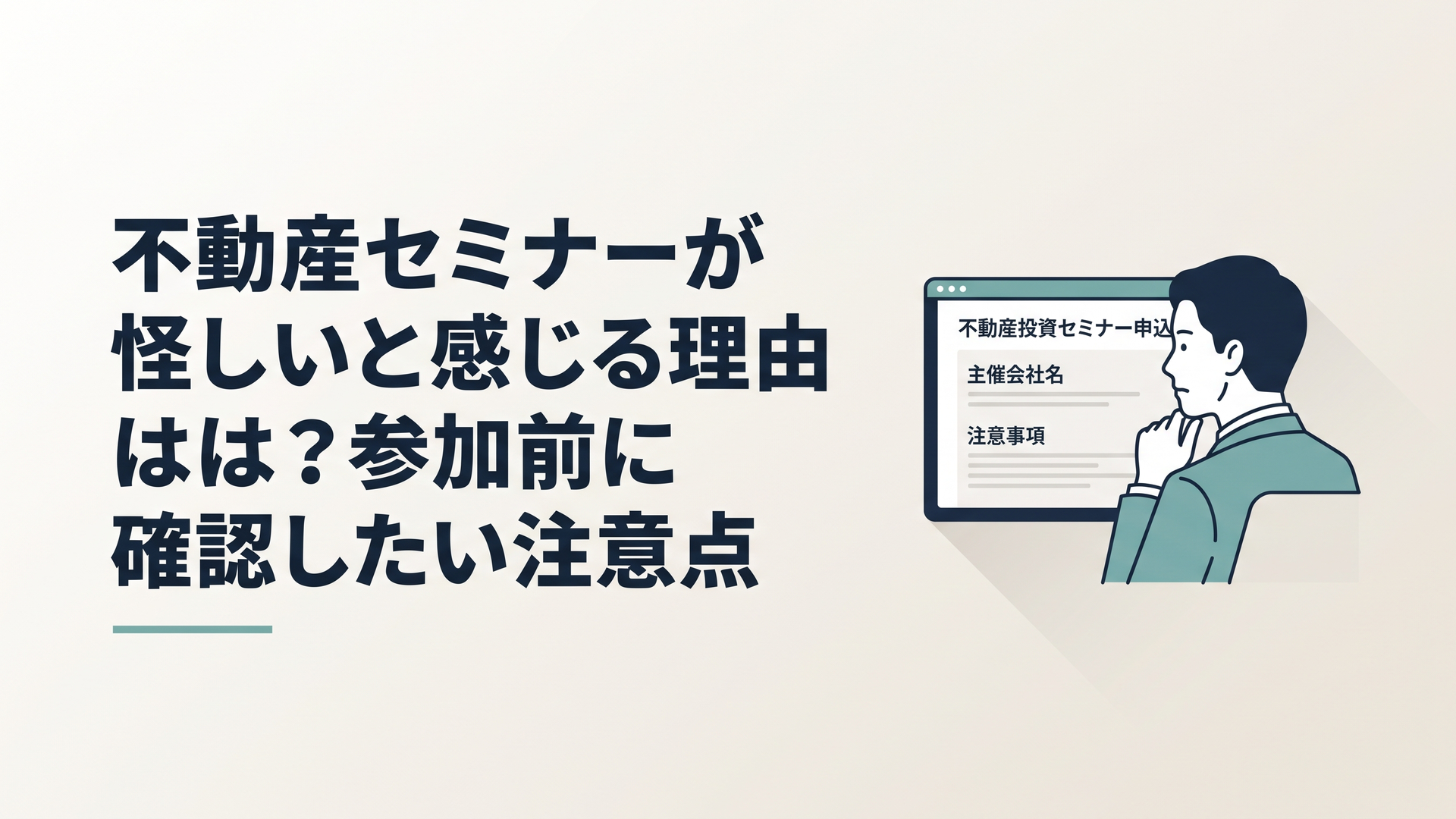 不動産投資セミナーの申込画面を前に主催会社や注意事項を確認する30代の会社員