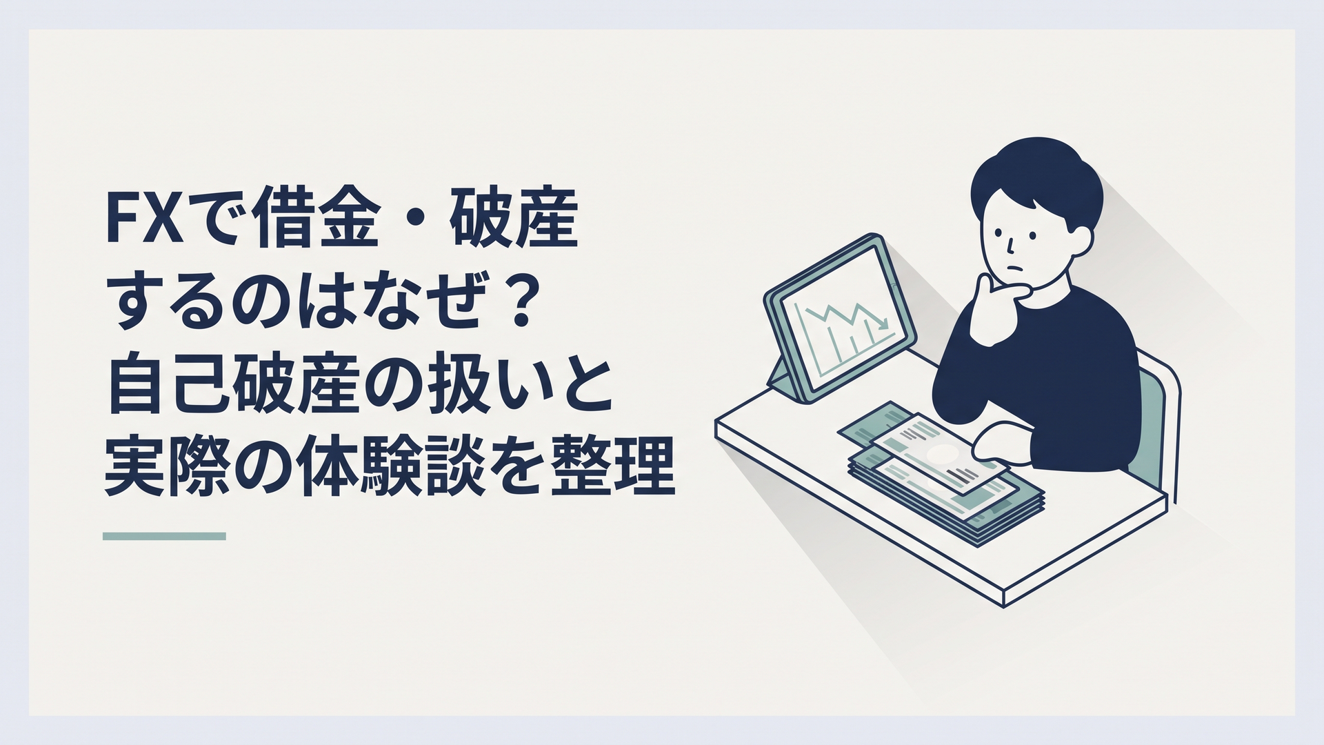 FXチャートと請求書を前に、生活費と取引資金の間で悩む30代男性