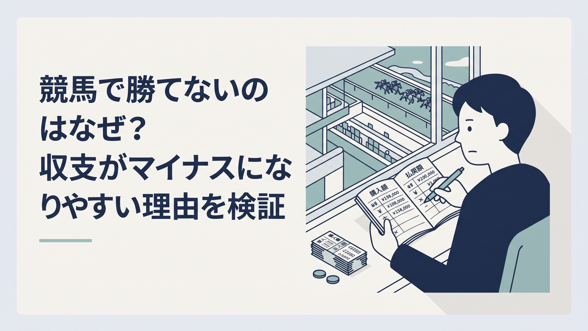 競馬場のレースを見ながら馬券の購入額と払戻額をノートで確認する男性