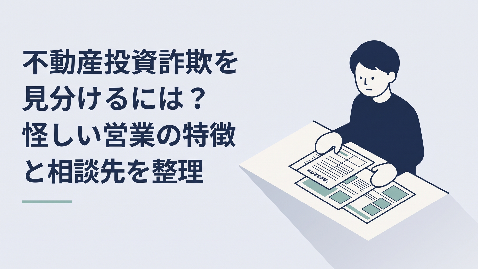 不動産投資の契約書や物件資料を机に並べて怪しい点を確認している人物
