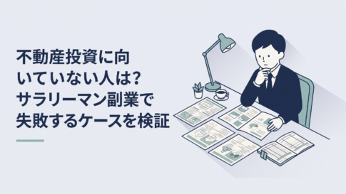 会社員が不動産投資の物件資料と家計簿を机に広げて慎重に考えている場面