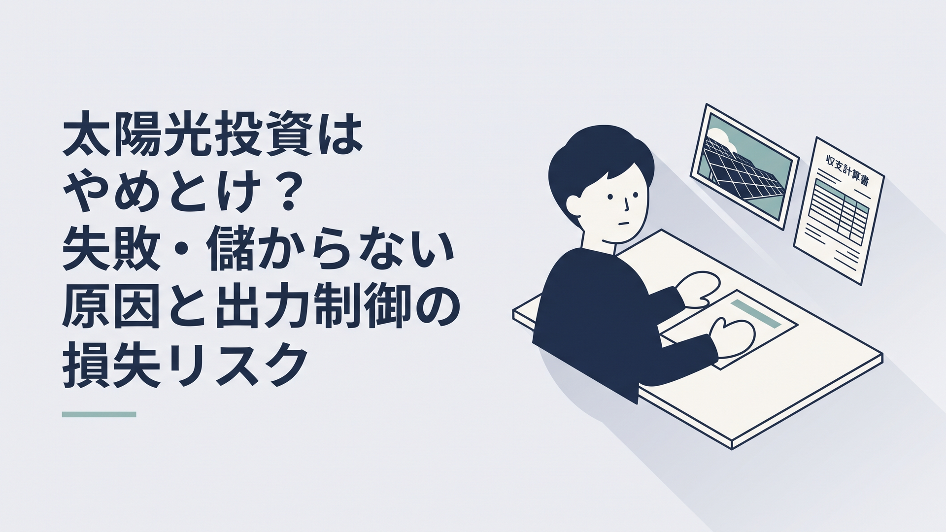 太陽光発電所の写真と収支計算書を前に契約するか迷っている30代男性