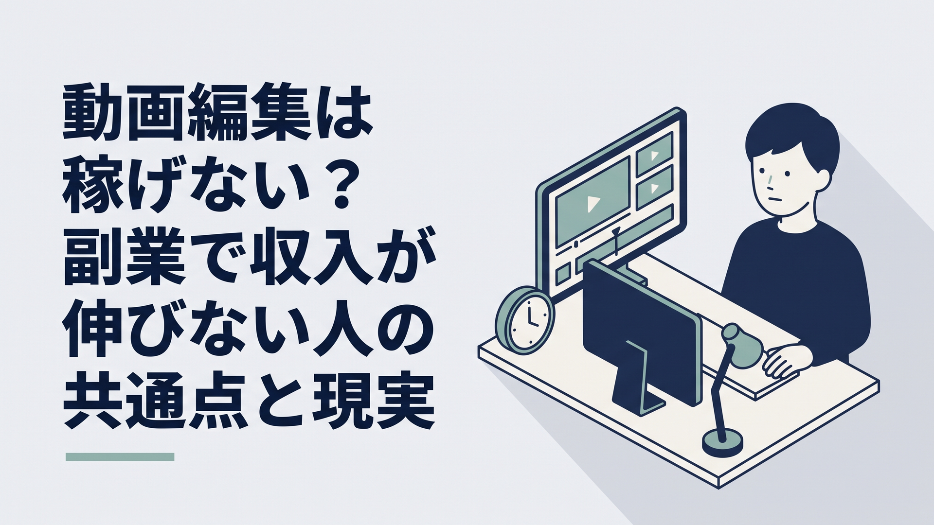 夜の自宅で動画編集画面と時計を見ながら副業の作業時間について悩む30代男性