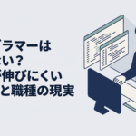 コード画面を前にプログラマーの年収と将来性について考える30代男性