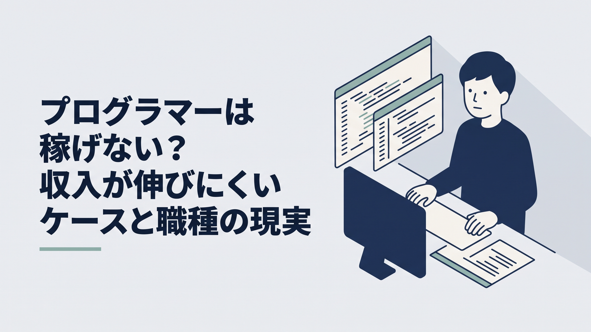 コード画面を前にプログラマーの年収と将来性について考える30代男性