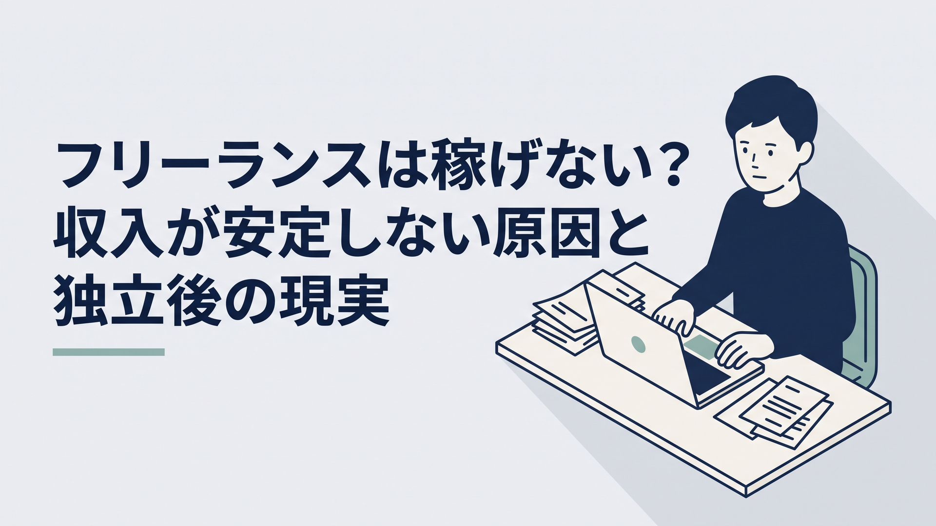 自宅の机でノートパソコンと請求書を前にフリーランスの収入について考える30代男性