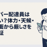 夕方の街で配達バッグを背負い、スマホの配達依頼を確認する30代の配達員